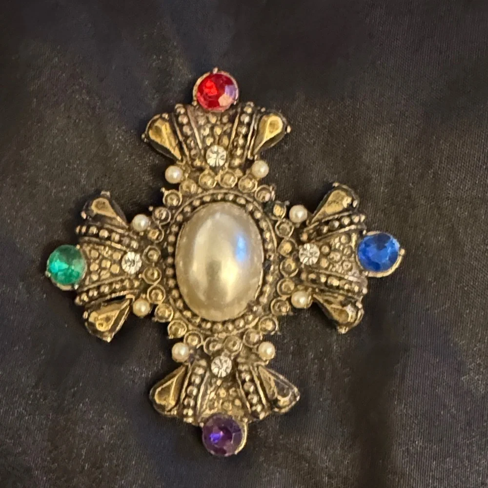 Pearl Cross Brooch with Multicolor Rhinestones, Baroque Statement Pin - Picture 2 of 5